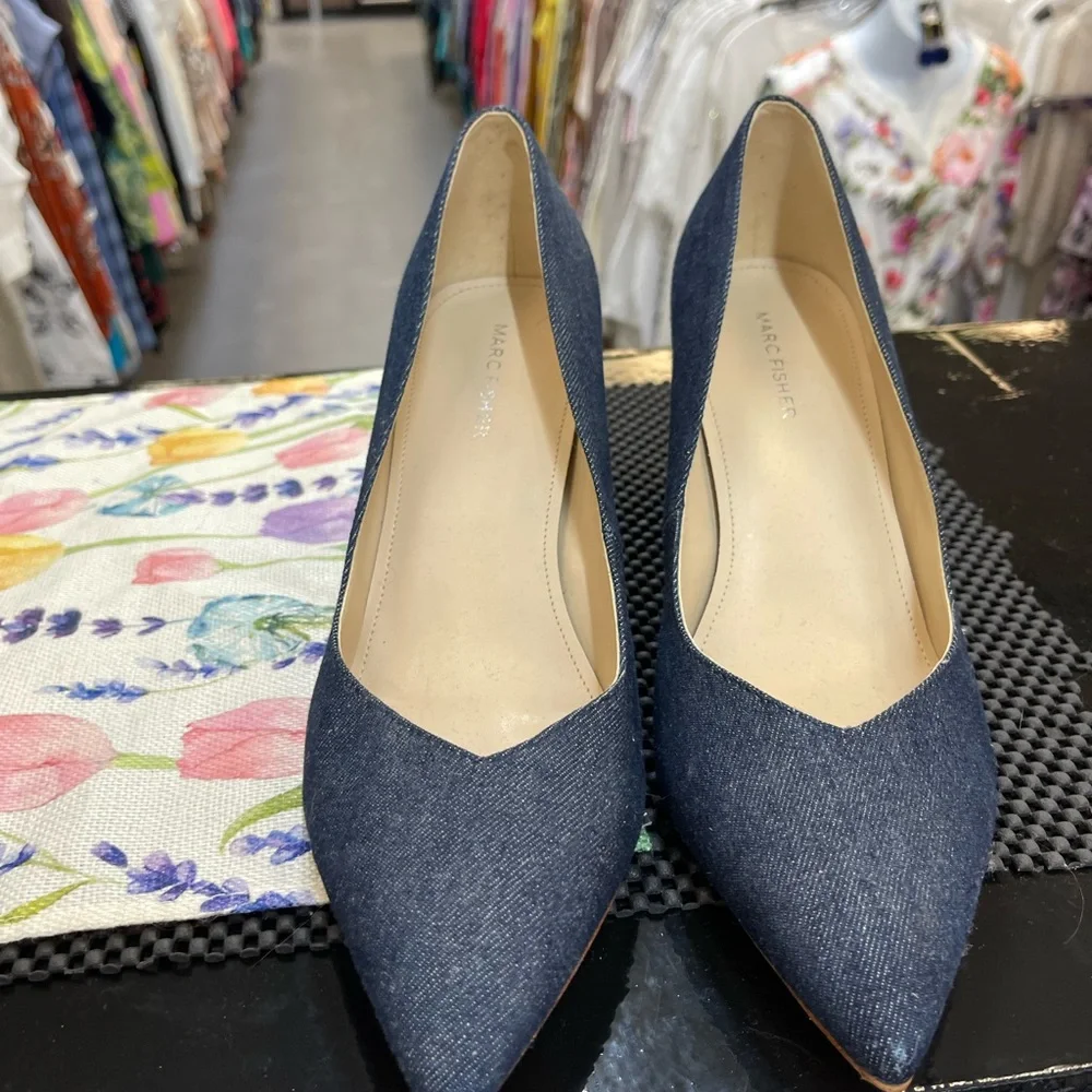 Marc Fisher Dark Denim Pointed Toe Block Heel Pumps - Picture 5 of 10